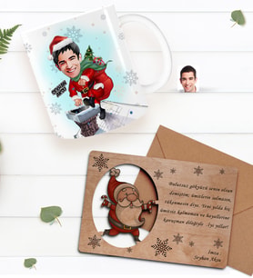 BK Gift Kişiye Özel Mutlu Yıllar Karikatürlü Kupa Bardak ve Retro Ahşap Yılbaşı Tebrik Kartı Hediye Seti-3 (Turuncu)