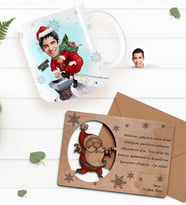 BK Gift Kişiye Özel Mutlu Yıllar Karikatürlü Kupa Bardak ve Retro Ahşap Yılbaşı Tebrik Kartı Hediye Seti-3 (Turuncu)