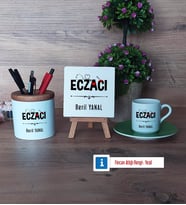 Eczacı Hediye Seti Dekoratif Taş, Kalemlik, Ahşap Altlıklı Türk Kahvesi Fincanı Hediye (Model 9)