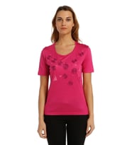 Yelken Baskı Ve Nakış Detaylı Merserize Örme T-shirt (Fuşya)