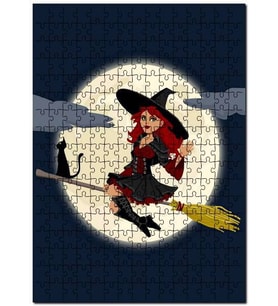 Cakapuzzle Süpürgeli Cadı Kedi Ay Görseli Puzzle Yapboz MDF (Ahşap) (255 Parça)