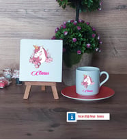 Unicorn Dekoratif Taş, Türk Kahvesi Fincanı Kırmızı İsme Özel Hediye (Model 6)