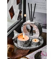 Mermer Desen Tasarım Kokulu Soya Mum, Vazo, Tealightlık, Tepsi Ve Siyah Bambu Çubuklu Oda Kokusu (Beyaz)