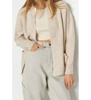 Kadın Modern Tarz Oversize V Yaka Regular Triko Hırka (Taş)