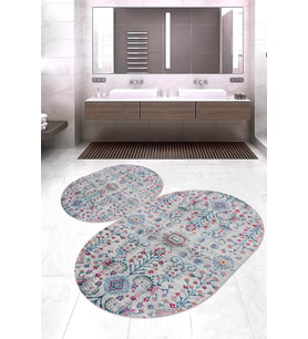 Dijital Baskılı Kaymaz Taban Yıkanabilir Oval 2'li Klozet Takımı Banyo Paspası NOKZ-HT-740 (Çok Renkli)