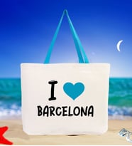 BK Gift I Love Barcelona Renkli Kulp Kanvas Plaj Çantası 48x40m, Baskılı Omuz Çantası, Alışveriş Çantası (Turkuaz)