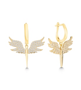 925 Ayar Gümüş Kanatlı Zirkon Taşlı Küpe (Gold)