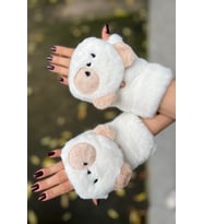 Teddy Bear Tasarım İçi Kürk Kapağı Düğmeli Premium Peluş Eldiven (Ekru)