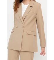 Tarz Kadın Modern Moda Yüksek Bel Boru Paça Ceket Yaka Blazer Ceket-Pantolon Dokuma Alt-Üst Takım (Vizon)