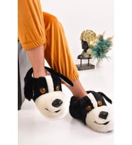 Unisex Köpek Figürlü Gri Taba Peluş Panduf  Hayvanlı Ev Botu (Siyah - Beyaz)