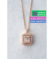Jewelmim Baget Gümüş Kolye Rose Altın Kaplama Baget Taşlı Kolye 925 Ayar Kadın Gümüş Baget Kolye (Rose)