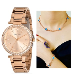 Ferrucci 1. Sınıf Çelik Sade Şık Kadın Kol Saat+Nazarlıklı Hediye Set (Rose)