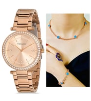 Ferrucci 1. Sınıf Çelik Sade Şık Kadın Kol Saat+Nazarlıklı Hediye Set (Rose)