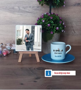 Sosyoloji Öğretmeni Fotoğraflı Dekoratif Taş, Ahşap Altlıklı Türk Kahvesi Fincanı Hediye Öğretmenler Günü Hediyesi (Model 5)