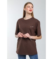Süperlife Kadın Bisiklet Yaka Regular Fit  Air Baskılı Tişort SPR21YK23 (Kahverengi)
