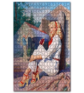 Cakapuzzle Teknesini Boyayan Adam ve Kola İçen Kız Puzzle Yapboz MDF (Ahşap) (1000 Parça)