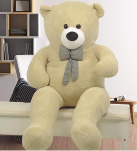 Yeni Yıla Özel:Elinde Baskılı Kalbi ile Papyonlu Peluş Ayı-140 cm (Bej)
