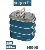 Vagonlife 1450 ML 3 Kat Çelik (2 Kat Kullanılabilir) Bento Lunch Box Yeni Nesil Sefer Tası-FFLBOX7083 (Lacivert)