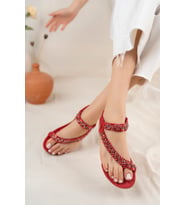 Anneler Gününe Özel Khayt Beauty Anatomik Parmak Arası Taşlı Günlük Kadın Sandal (Kırmızı)