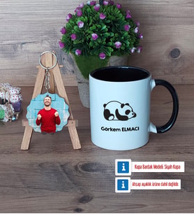 Uykucu Panda Kupa Bardak Beyaz ve Fotoğraflı Ahşap Anahtarlık Hediye (Model 11)