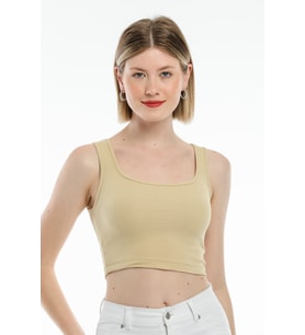 Süperlife Kadın Crop Örme Slim Fit  Atlet-Tişort SPR21Y19 (Bej)