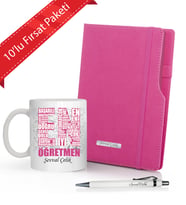 Kişiye Özel  10'lu Öğretmenler Günü İsme Özel Plakalı Defter & Roller Kalem ve En iyi Öğretmen  Kupa Seti (Pembe)