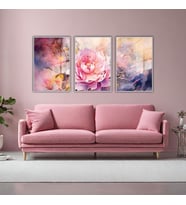 3'lü Metal Çerçeveli Cam Tablo Seti  Pembe Çiçek Tasarımı (Gümüş)