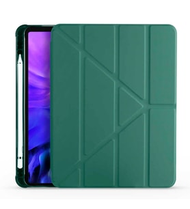Apple  iPad Air 10.9 2022 (5.Nesil) Kılıf Kalem Bölmeli Standlı Ön Arka Tam Koruma Katlanabilir Uyku Modlu Kılıf Tri Folding (Koyu Yeşil)