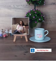 İsme Özel İsim Yazılı Fotoğraflı Dekoratif Taş, Ahşap Altlıklı Türk Kahvesi Fincanı Hediye (Model 2)