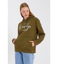 Kadın Kapşonlu  Oversize Fit El Yazılı Brooklyn Baskılı İnce Sweatshirt SPR23SWk361 (Haki)