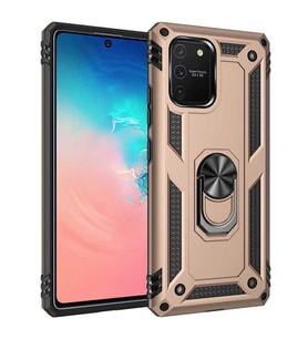 Samsung Galaxy A91 (S10 Lite) Uyumlu Kılıf Standlı Manyetik Yüzüklü Military Magnetic Ring Polycarbonate and TPU Case (Gold)