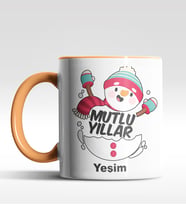 Kişiye Özel Mutlu Yıllar Kardan Adam Tasarımlı Siyah Kupa (Turuncu)