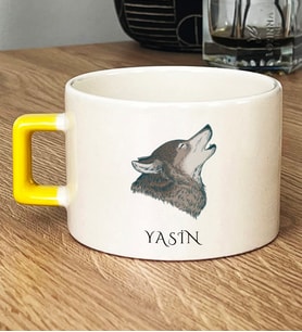 Kişiye Özel Kurt Baskılı Hediye Lüks Fincan Babaya Kardeşe Hediye (Sarı)