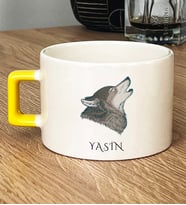 Kişiye Özel Kurt Baskılı Hediye Lüks Fincan Babaya Kardeşe Hediye (Sarı)