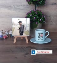 Dayıya Hediye Fotoğraflı Dekoratif Taş, Ahşap Altlıklı Türk Kahvesi Fincanı Hediye (Model 2)