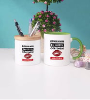 Dünyanın En Güzel Öğretmeni Kupa Bardak Lacivert ve Kalemlik (Model 7)