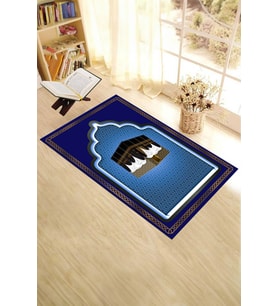 EVDEYA Dijital Baskılı Kabe Motifli Yıkanabilir Motifli 70x130 Namazlık Seccade, Seccade-4-kahve, (Mavi)