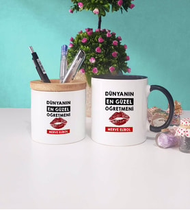 Dünyanın En Güzel Öğretmeni Kupa Bardak Lacivert ve Kalemlik (Model 5)