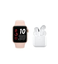 Tüm Akıllı Telefonlarla Uyumlu Smart Watch 6 Series W8 Kolay Kurulumlu Akıllı Saat + Pro 5 Kablosuz Bluetooth Kulaklık İkili Paket (Pembe-Beyaz)