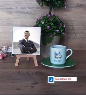 Rehber Öğretmen Fotoğraflı Dekoratif Taş, Ahşap Altlıklı Türk Kahvesi Fincanı Hediye Öğretmenler Günü Hediyesi (Model 9)