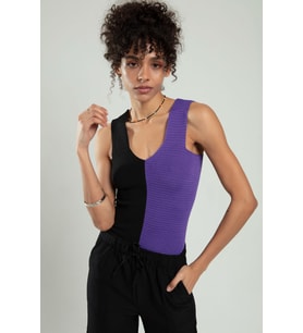 Sifu Tekstil İki Renkli Kadın Spor Askılı V Yaka Yığma Desen Triko Atlet Crop Top Bluz SFYZ1004 (Siyah - Lila)