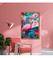Metal Çerçeveli Cam Tablo Çiçekli Pembe Flamingo (Gold)