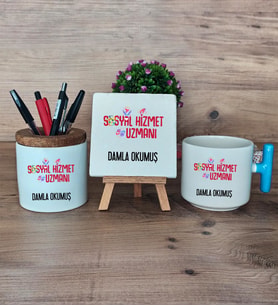 Sosyal Hizmetler Uzmanı Hediye Sepeti Kupa Bardak T Kulplu, Kalemlik ve Dekoratif Taş Sosyal Hizmetler Uzmanına Hediye (Model 3)