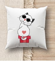 BK Gift Kedi Tasarımlı Beyaz Kırlent Yastık, Ev Hediyesi, Ev Dekorasyonu, Dekoratif Hediye (Model 6)