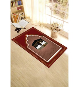 EVDEYA Dijital Baskılı Kabe Motifli Yıkanabilir Motifli 70x130 Namazlık Seccade, Seccade-4-kahve, (Kırmızı)