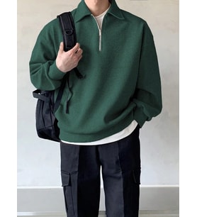GENIUS STORE Erkek Polo Yaka Oversize Sweatshirt Yarım Fermuar Sweatshirt OVERSIZE-SWEATSHIRT (Koyu Yeşil)
