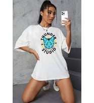 Kedi Baskılı Unisex Pamuklu Oversize Tişört (Beyaz)