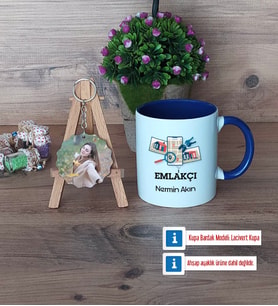 Emlakçı Kupa Bardak Beyaz ve Fotoğraflı Ahşap Anahtarlık Hediye (Model 3)