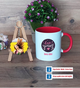 Love Yourself Kupa Bardak Beyaz ve Fotoğraflı Ahşap Anahtarlık Hediye (Model 2)