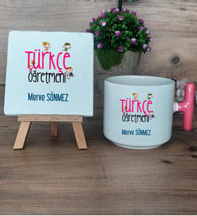 Türkçe Öğretmeni Hediye Seti Kupa Bardak T Kulplu ve Dekoratif Taş Öğretmenler Günü Hediyesi (Model 4)